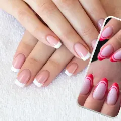 Dłonie z klasycznym french manicure i podwójnym frenchem w kolorze różowym i czerwonym.