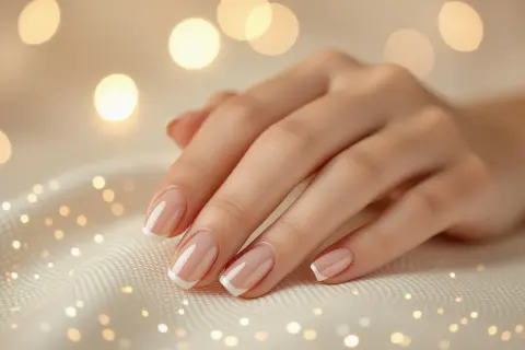 Dłoń z naturalnym manicure hybrydowym w stylu francuskim na tle rozmytych świateł.