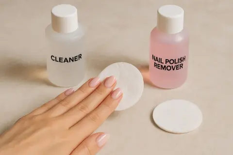 Dłoń z paznokciami obok buteleczek z cleanerem i zmywaczem do paznokci oraz wacików.