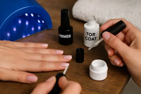 Dłonie z różowymi paznokciami, lampa UV, butelki z primerem i top coat, pędzelek.