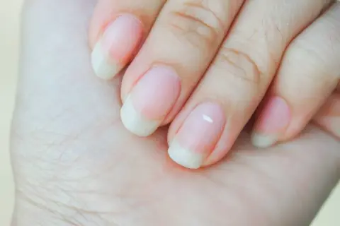 Zbliżenie na dłoń z zadbanymi paznokciami w stylu francuskiego manicure.