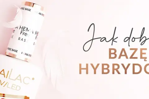 Dwa białe słoiczki z bazą do paznokci, pióra i napis "Jak dobrać bazę hybrydową".