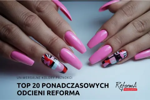 Dłonie z długimi, różowymi paznokciami, niektóre zdobione geometrycznymi wzorami.