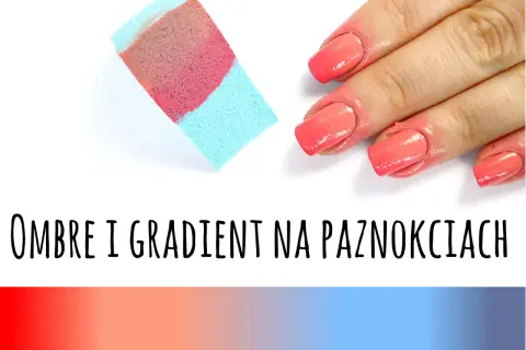 Gąbka z różowym i niebieskim lakierem obok paznokci z efektem ombre.