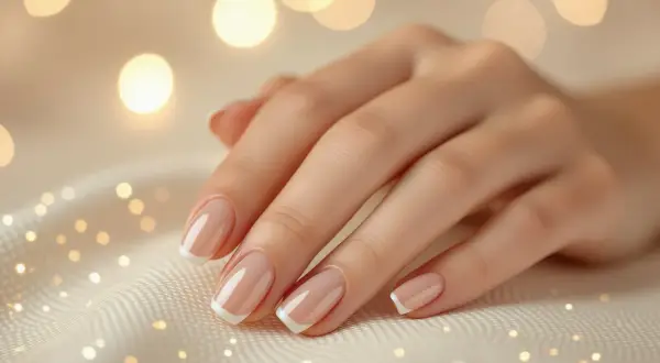 Dłoń z naturalnym manicure hybrydowym w stylu francuskim na tle rozmytych świateł.