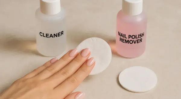 Dłoń z paznokciami obok buteleczek z cleanerem i zmywaczem do paznokci oraz wacików.