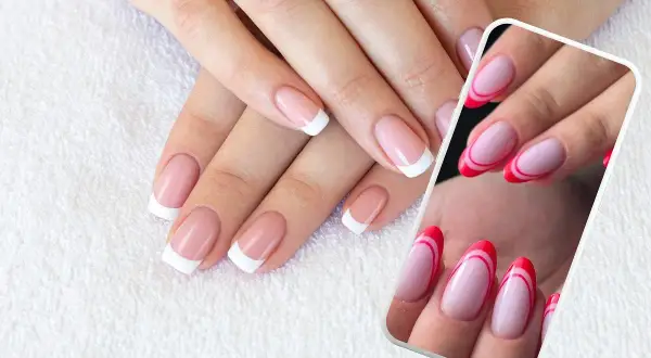 Dłonie z klasycznym french manicure i podwójnym frenchem w kolorze różowym i czerwonym.