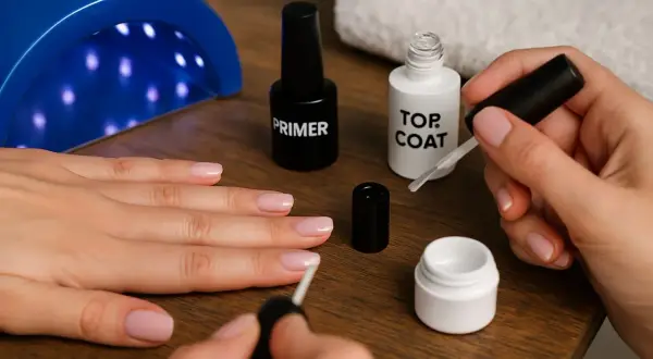 Dłonie z różowymi paznokciami, lampa UV, butelki z primerem i top coat, pędzelek.