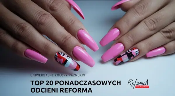 Dłonie z długimi, różowymi paznokciami, niektóre zdobione geometrycznymi wzorami.