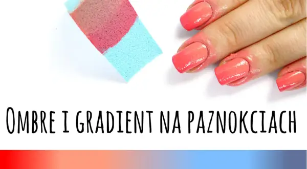 Gąbka z różowym i niebieskim lakierem obok paznokci z efektem ombre.