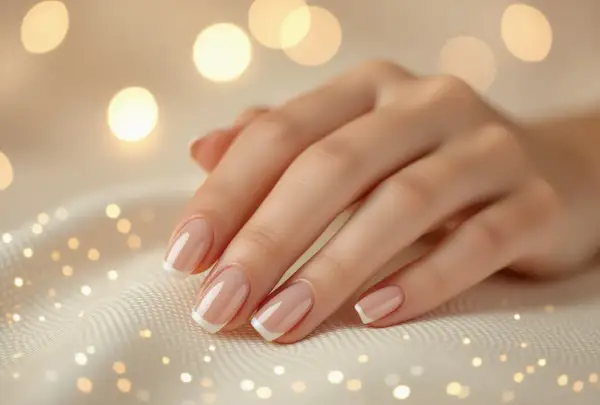 Dłoń z naturalnym manicure hybrydowym w stylu francuskim na tle rozmytych świateł.