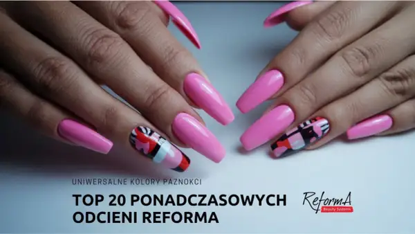 Dłonie z długimi, różowymi paznokciami, niektóre zdobione geometrycznymi wzorami.