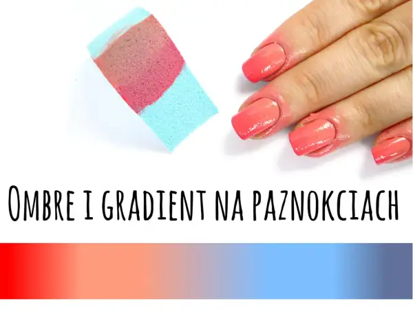 Gąbka z różowym i niebieskim lakierem obok paznokci z efektem ombre.
